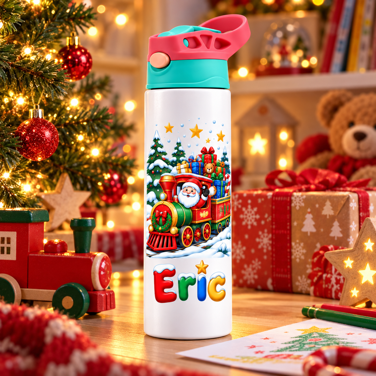 Termos pentru copii Trenuletul Cadourilor personalizat cu numele Eric - imagine ambientala de Craciun prim-plan