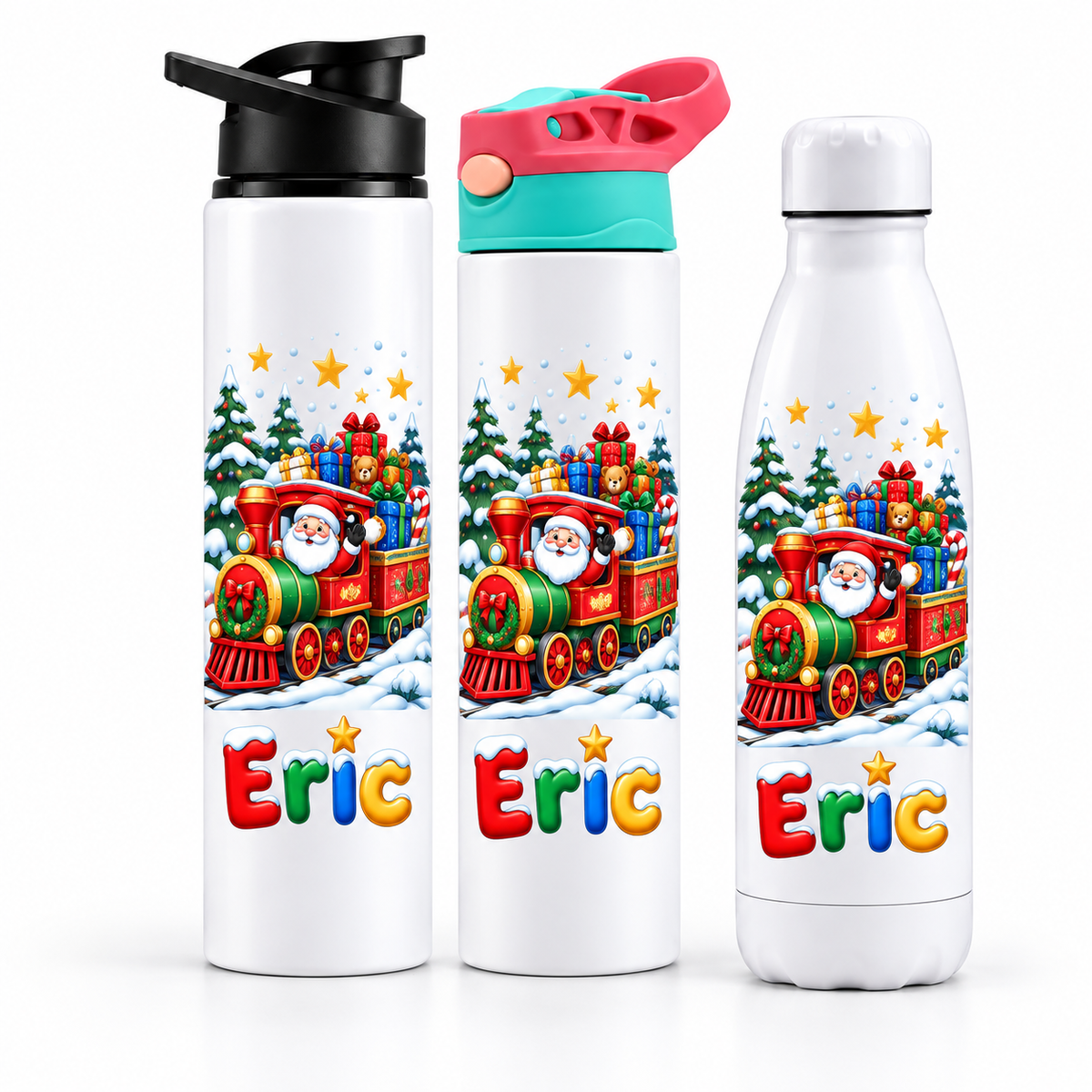 Termos personalizat de Craciun pentru copii Trenuletul Cadourilor cu numele Eric - imagine principala cu trei modele pe fundal alb