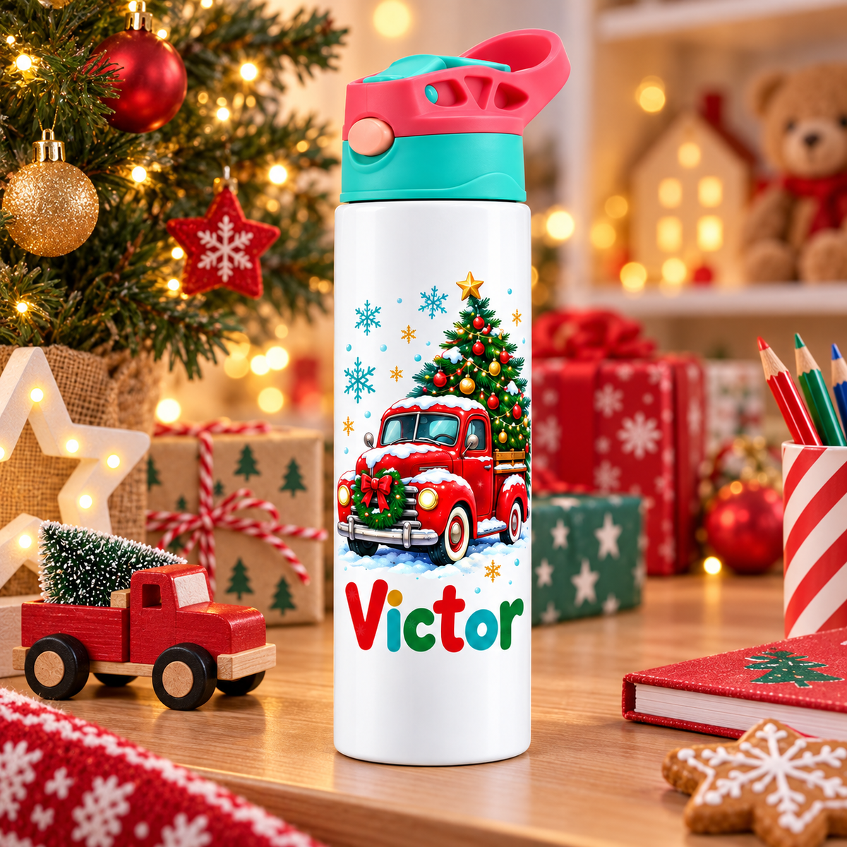 Termos pentru copii Camioneta Rosie cu Brad personalizat cu numele Victor - imagine ambientala de Craciun prim-plan