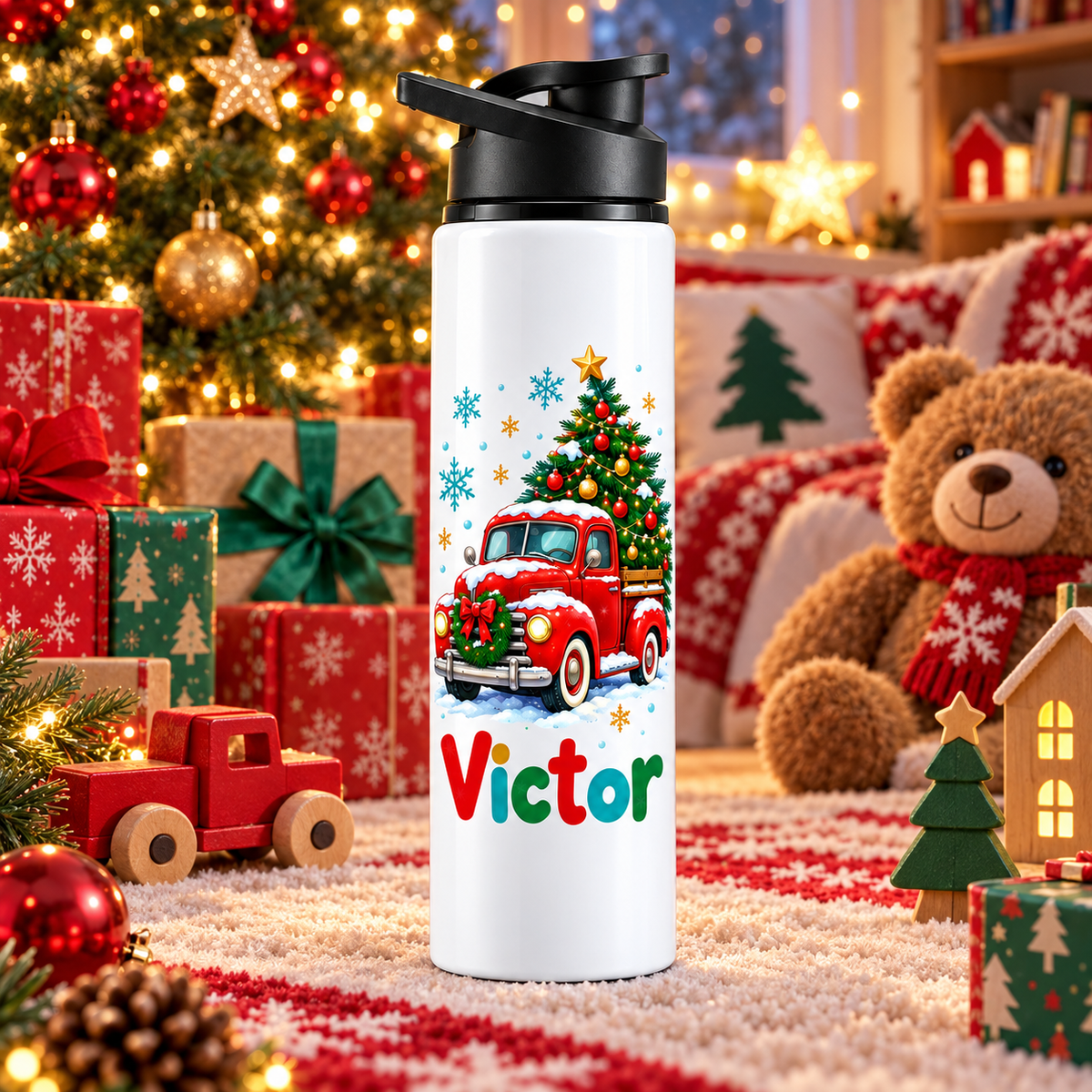 Termos pentru copii Camioneta Rosie cu Brad personalizat cu numele Victor - imagine ambientala in camera decorata de Craciun