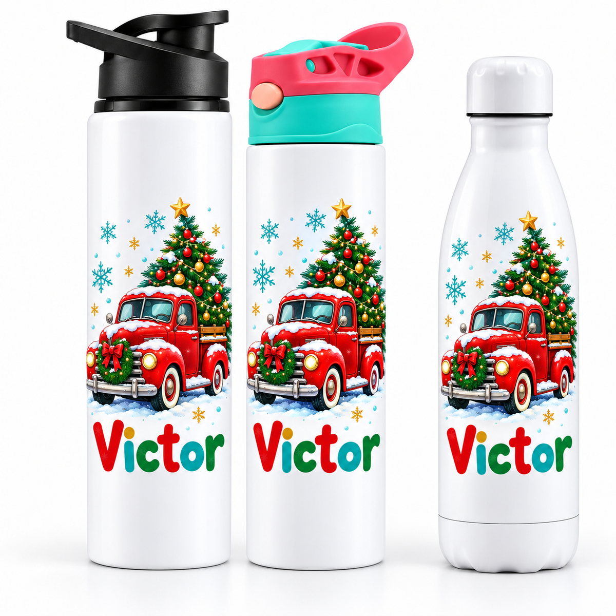 Termos personalizat de Craciun pentru copii Camioneta Rosie cu Brad cu numele Victor - imagine principala cu trei modele pe fundal alb