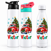 Termos personalizat de Craciun pentru copii Camioneta Rosie cu Brad cu numele Victor - imagine principala cu trei modele pe fundal alb