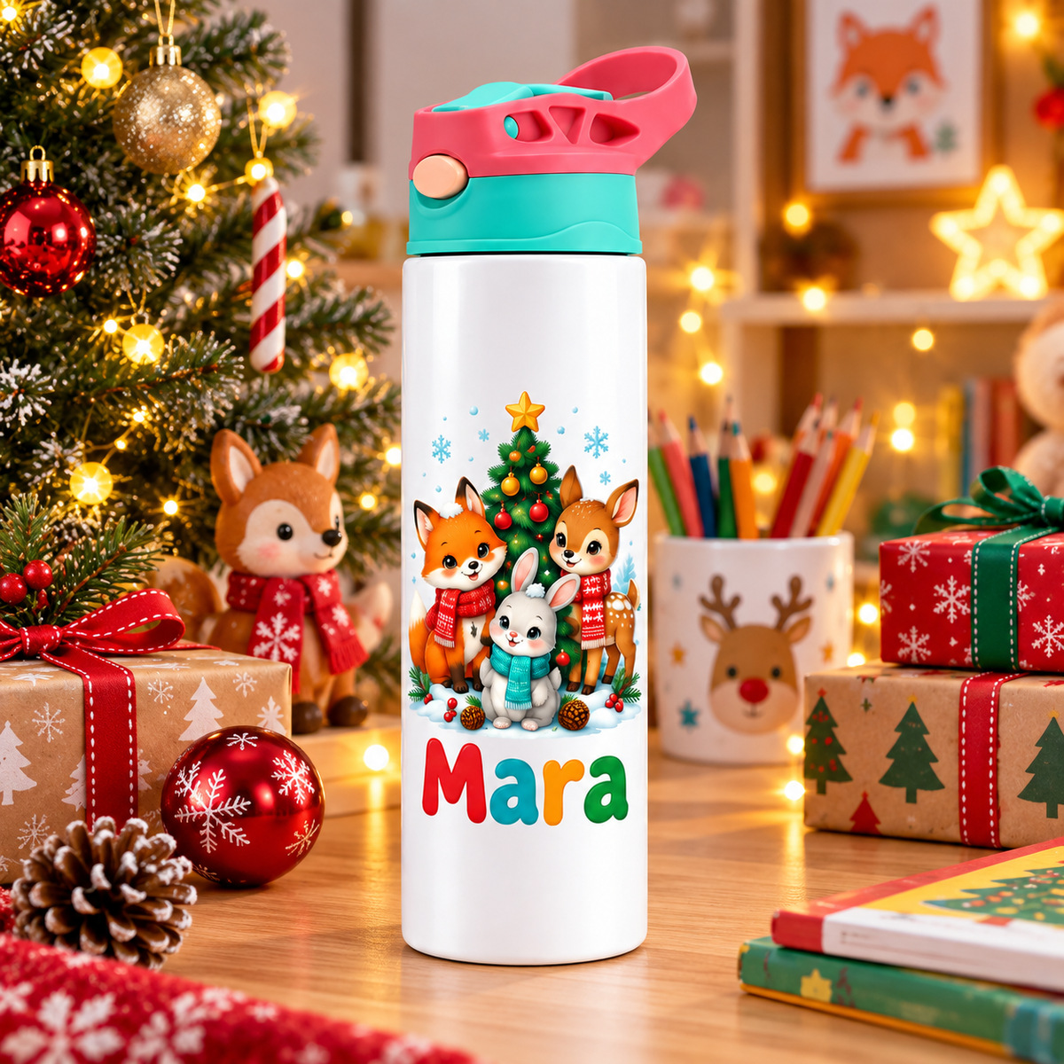 Termos pentru copii Animalute de Padure personalizat cu numele Mara - imagine ambientala de Craciun prim-plan
