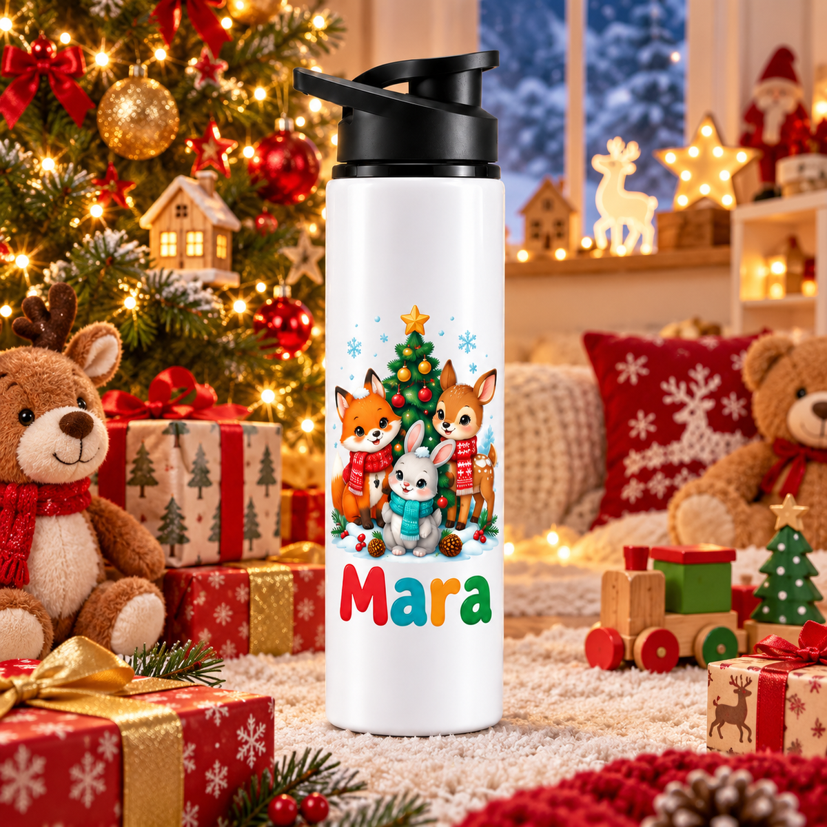 Termos pentru copii Animalute de Padure personalizat cu numele Mara - imagine ambientala in camera decorata de Craciun