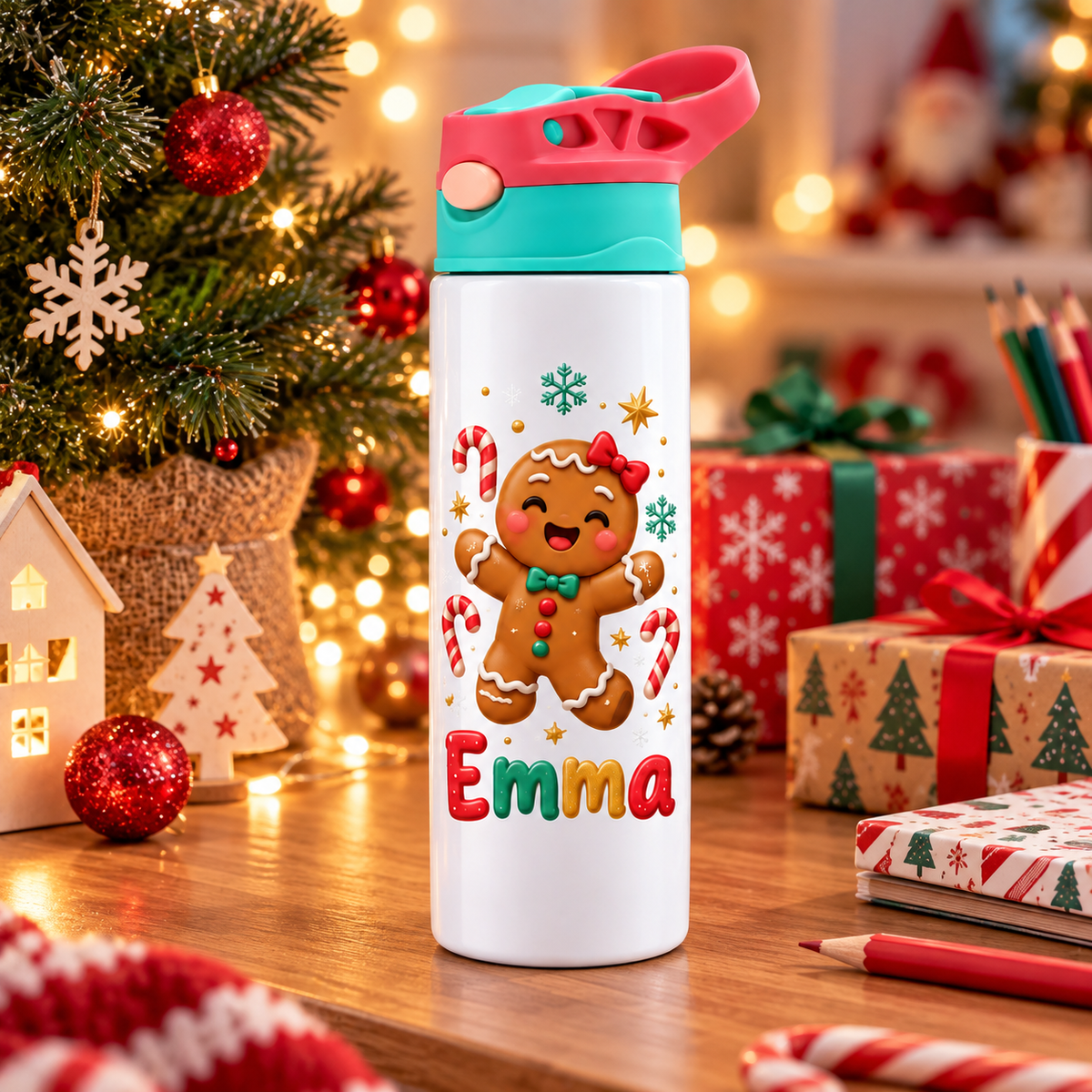 Termos pentru copii Omuletul de Turta Dulce personalizat cu numele Emma - imagine ambientala de Craciun prim-plan