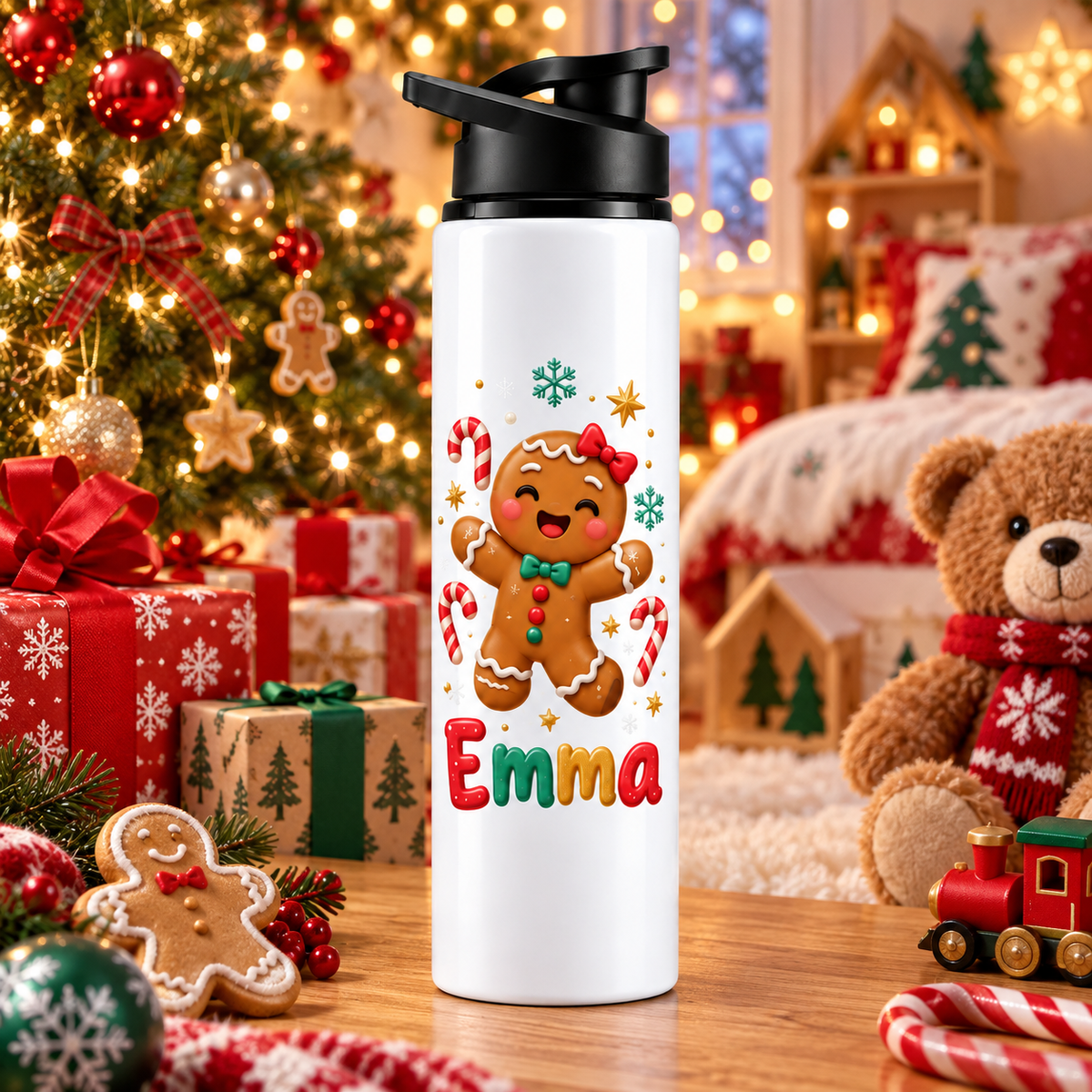 Termos pentru copii Omuletul de Turta Dulce personalizat cu numele Emma - imagine ambientala in camera decorata de Craciun