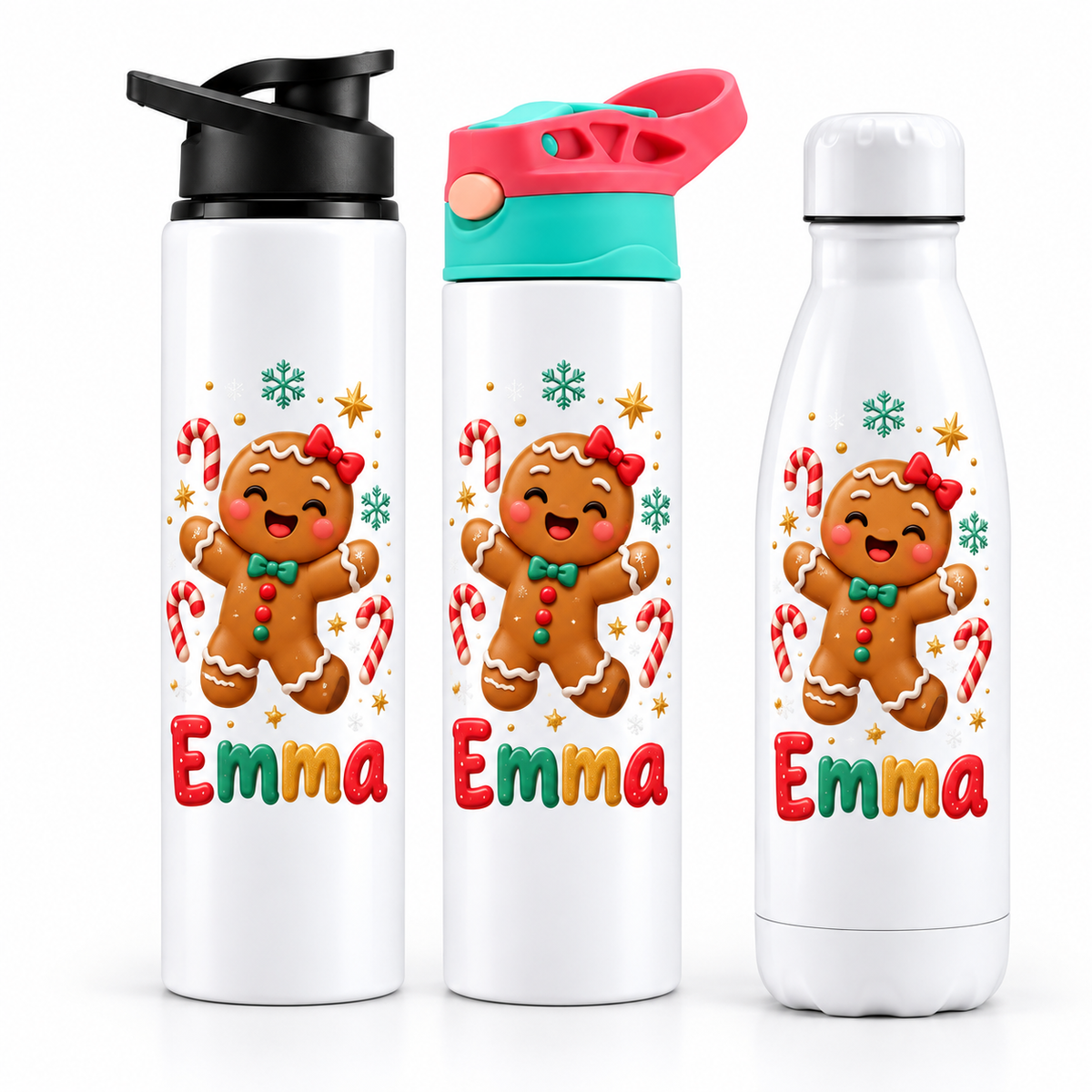 Termos personalizat de Craciun pentru copii Omuletul de Turta Dulce cu numele Emma - imagine principala cu trei modele pe fundal alb