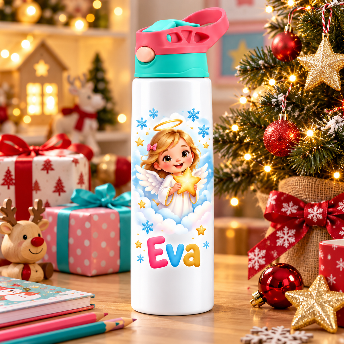 Termos pentru copii Ingerasul cu Stea personalizat cu numele Eva - imagine ambientala de Craciun prim-plan