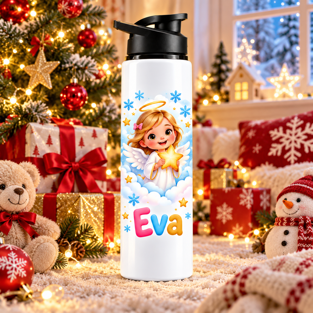 Termos pentru copii Ingerasul cu Stea personalizat cu numele Eva - imagine ambientala in camera decorata de Craciun