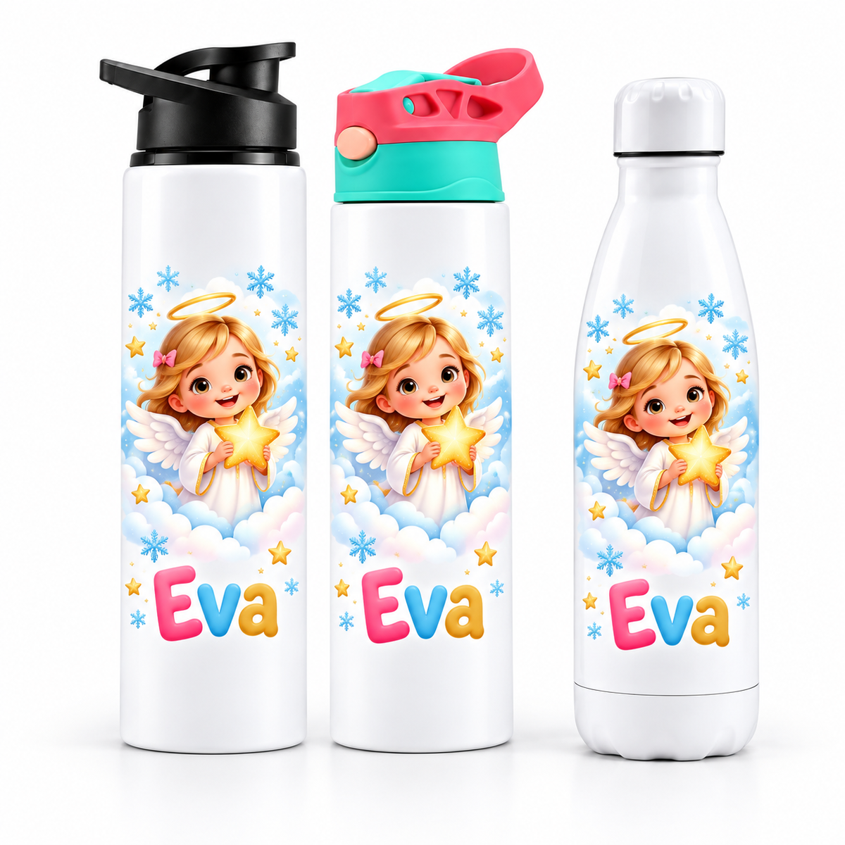 Termos personalizat de Craciun pentru copii Ingerasul cu Stea cu numele Eva - imagine principala cu trei modele pe fundal alb