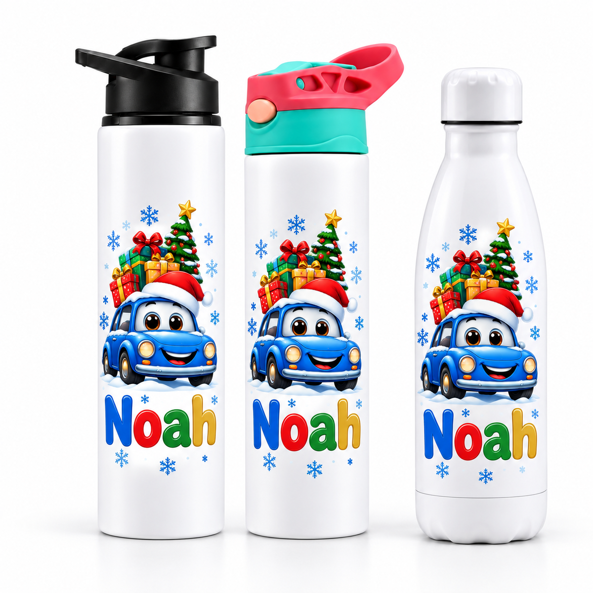 Termos personalizat de Craciun pentru copii Masinuta de Craciun cu numele Noah - imagine principala cu trei modele pe fundal alb