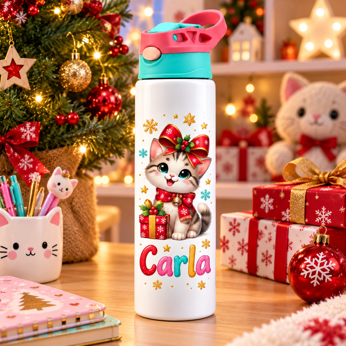 Termos pentru copii Pisicuta cu Fundita personalizat cu numele Carla - imagine ambientala de Craciun prim-plan
