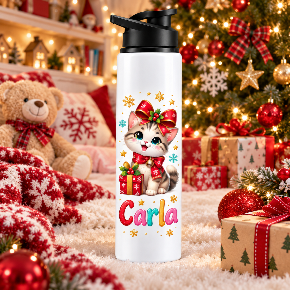 Termos pentru copii Pisicuta cu Fundita personalizat cu numele Carla - imagine ambientala in camera decorata de Craciun