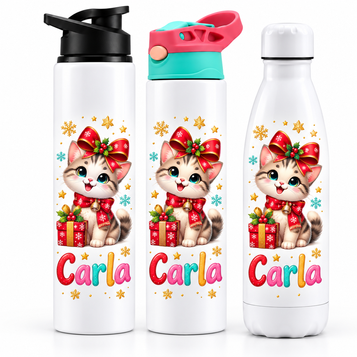 Termos personalizat de Craciun pentru copii Pisicuta cu Fundita cu numele Carla - imagine principala cu trei modele pe fundal alb