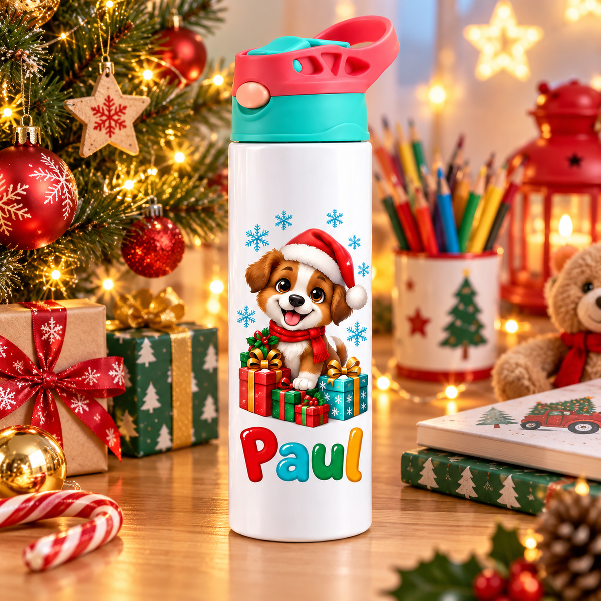 Termos pentru copii Catelusul cu Cadouri personalizat cu numele Paul - imagine ambientala de Craciun prim-plan