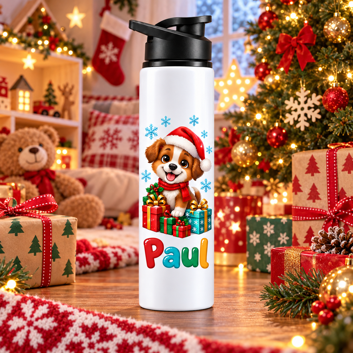 Termos pentru copii Catelusul cu Cadouri personalizat cu numele Paul - imagine ambientala in camera decorata de Craciun
