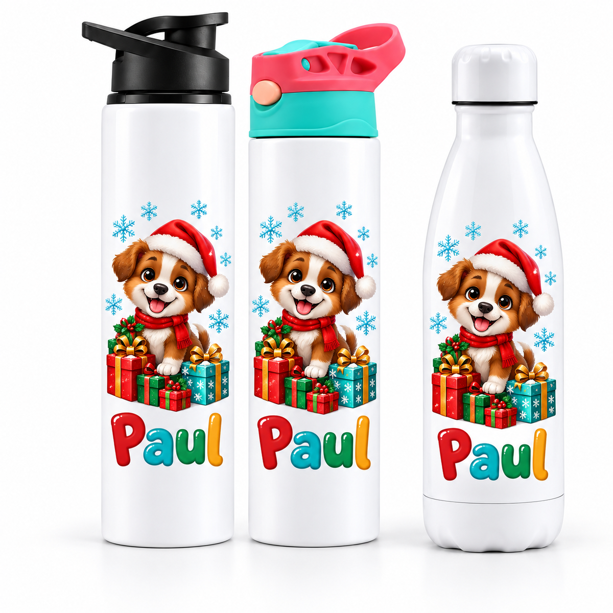 Termos personalizat de Craciun pentru copii Catelusul cu Cadouri cu numele Paul - imagine principala cu trei modele pe fundal alb