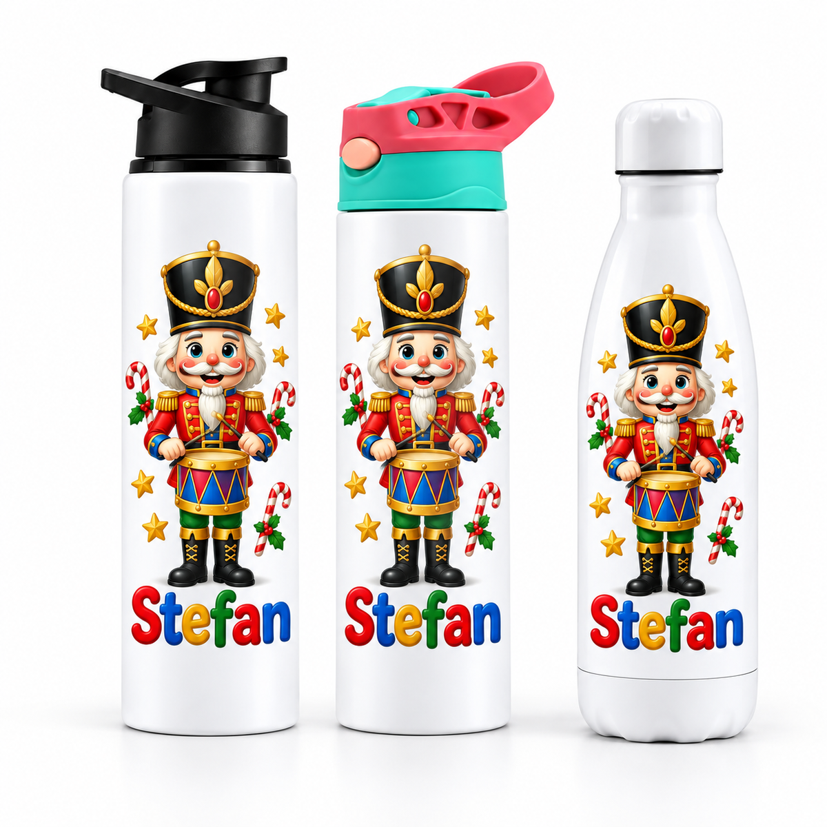 Termos personalizat de Craciun pentru copii Spargatorul de Nuci cu numele Stefan - imagine principala cu trei modele pe fundal alb