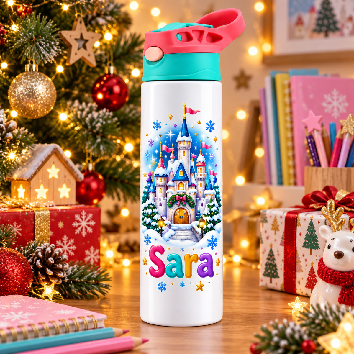 Termos pentru copii Castelul Fermecat de Iarna personalizat cu numele Sara - imagine ambientala de Craciun prim-plan