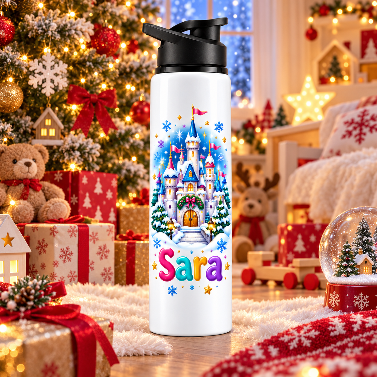 Termos pentru copii Castelul Fermecat de Iarna personalizat cu numele Sara - imagine ambientala in camera decorata de Craciun