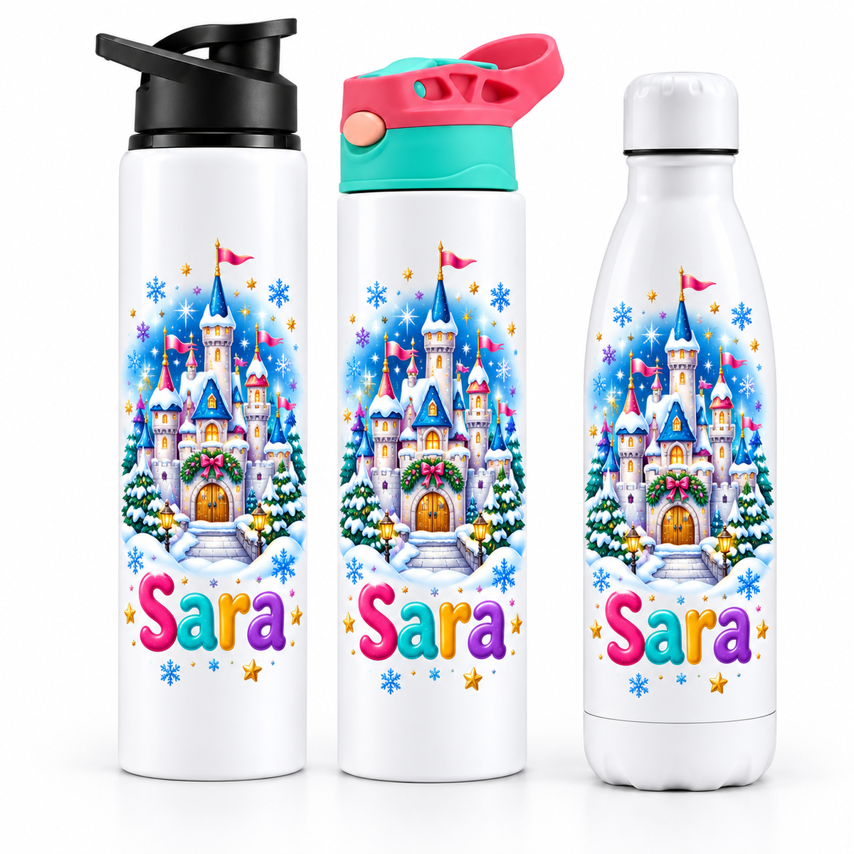 Termos personalizat de Craciun pentru copii Castelul Fermecat de Iarna cu numele Sara - imagine principala cu trei modele pe fundal alb