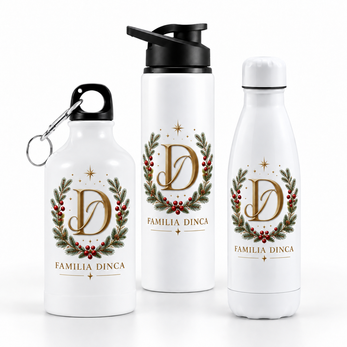 Termos personalizat de Crăciun – Monogramă de Familie – modele disponibile pe fundal alb