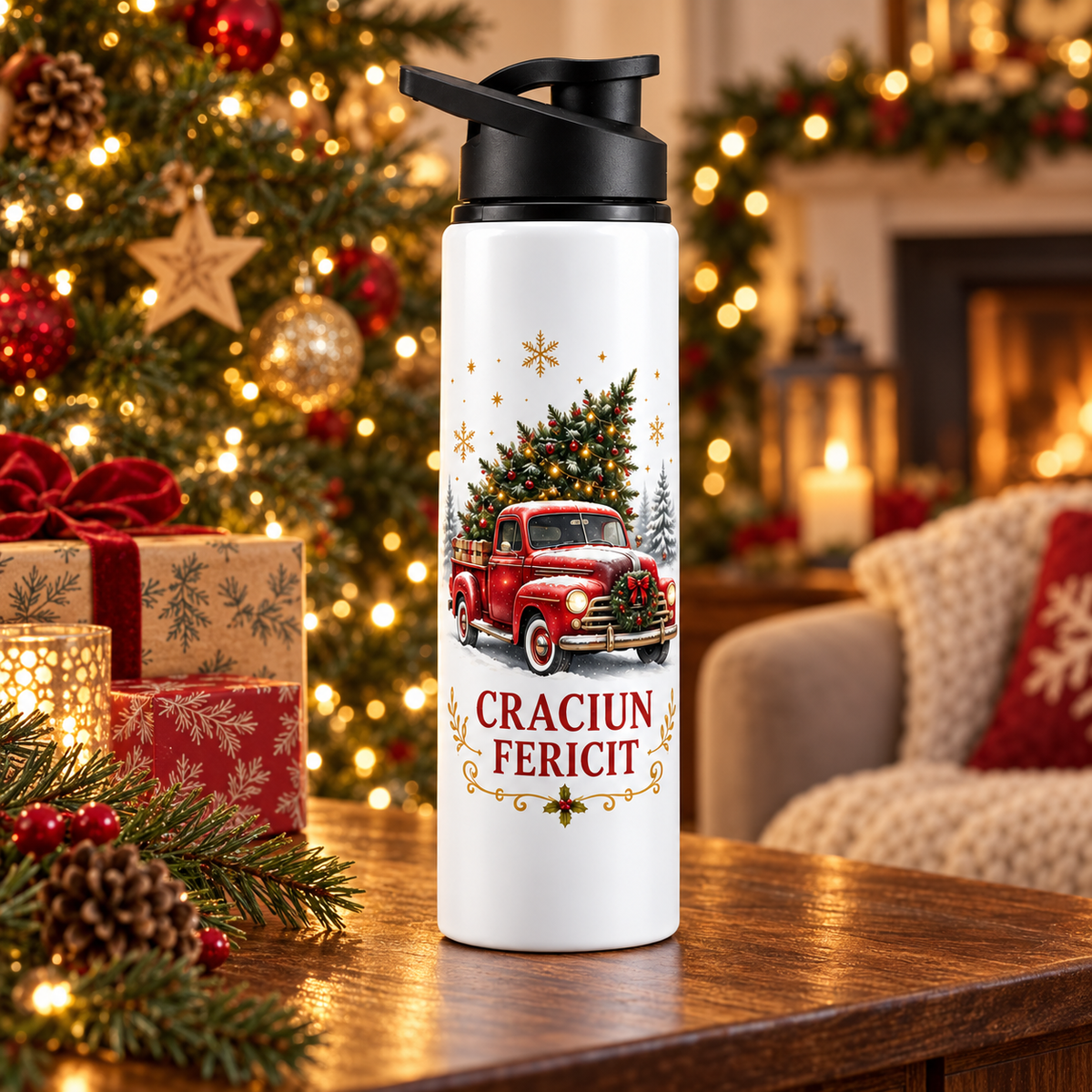 Termos personalizat de Crăciun – Camionetă Retro cu Brad – fotografie ambientala de Craciun