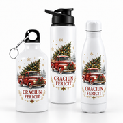 Termos personalizat de Crăciun – Camionetă Retro cu Brad – modele disponibile pe fundal alb