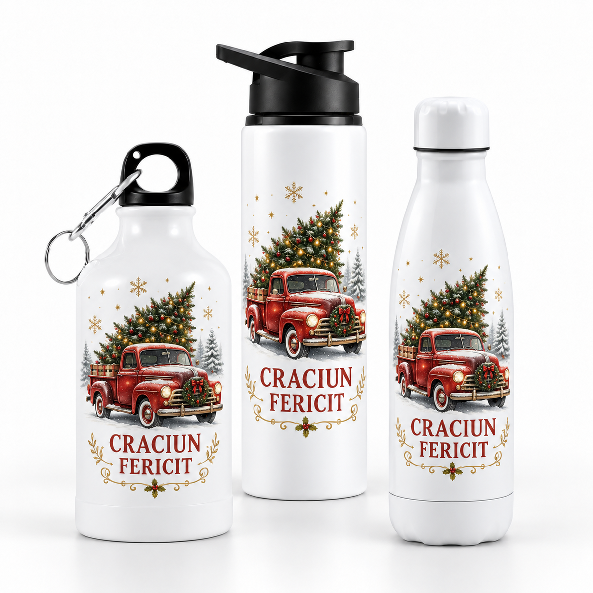 Termos personalizat de Crăciun – Camionetă Retro cu Brad – modele disponibile pe fundal alb