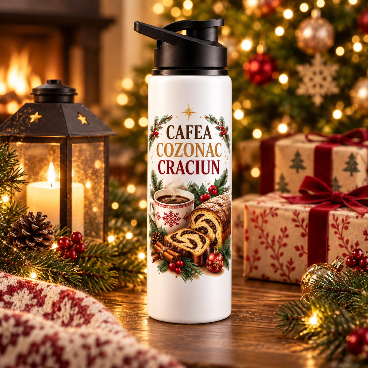 Termos personalizat de Crăciun – Cafea, Cozonac și Crăciun – fotografie ambientala de Craciun