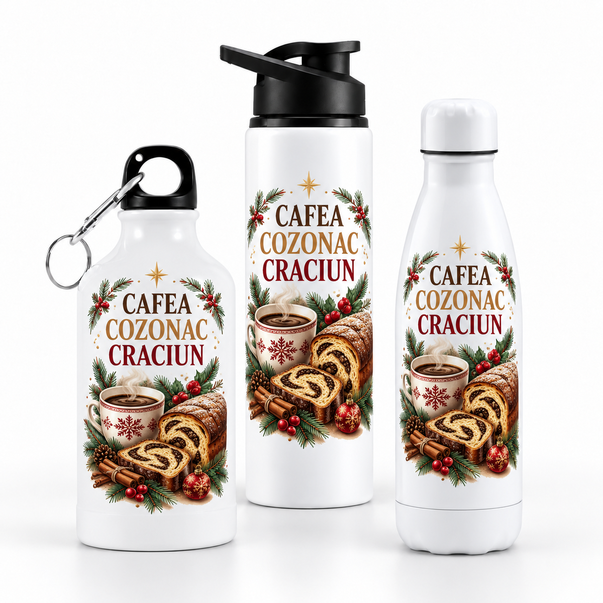 Termos personalizat de Crăciun – Cafea, Cozonac și Crăciun – modele disponibile pe fundal alb