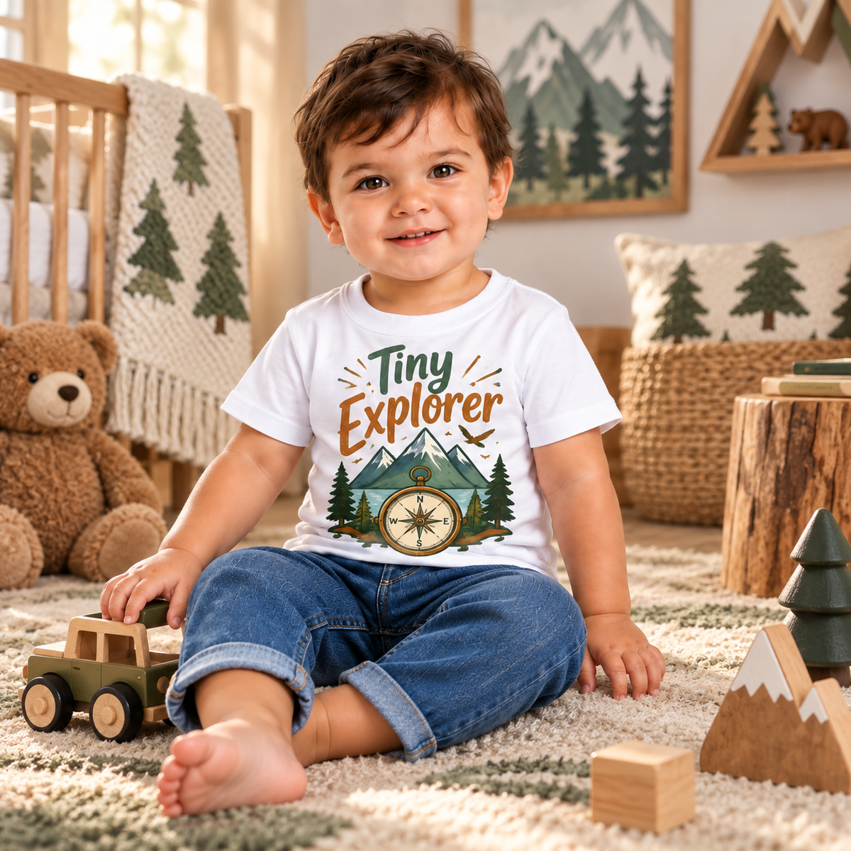 Body sau tricou personalizat pentru bebeluși Tiny Explorer – imagine ambient