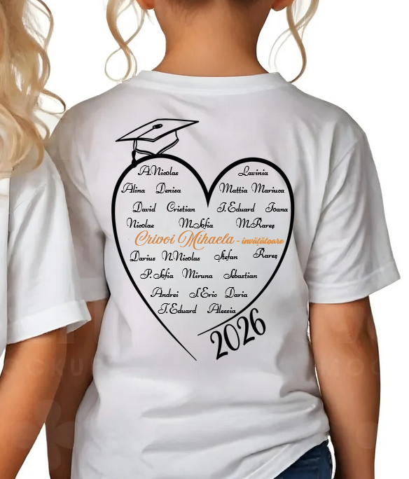 Tricou Absolvire An Școlar cu Tocă – Bumbac 100% Personalizat pentru Copii și Profesori
