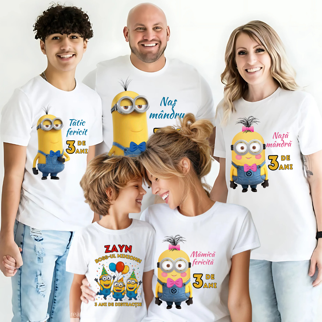 Tricou Aniversare Personalizat cu Minion – Cadou Haios pentru Copii și Părinți | Model Tematic cu Vârsta și Nume