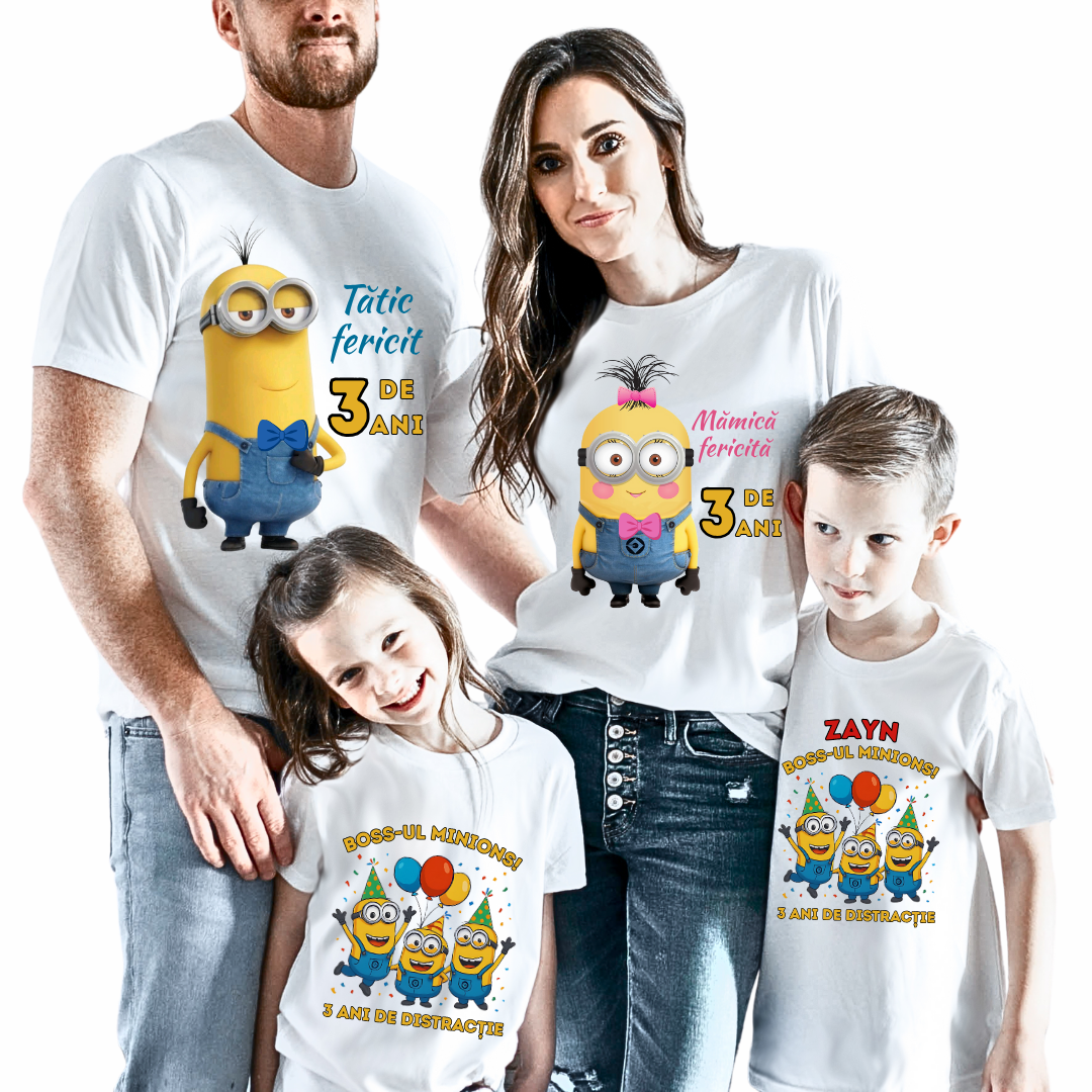 Tricou Aniversare Personalizat cu Minion – Cadou Haios pentru Copii și Părinți | Model Tematic cu Vârsta și Nume