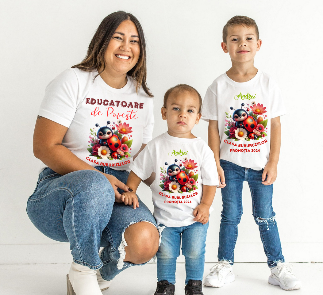 Tricou absolvire elevi clasa 4 sau gradinita Clasa buburuzelor cu text sau poze ABS1068