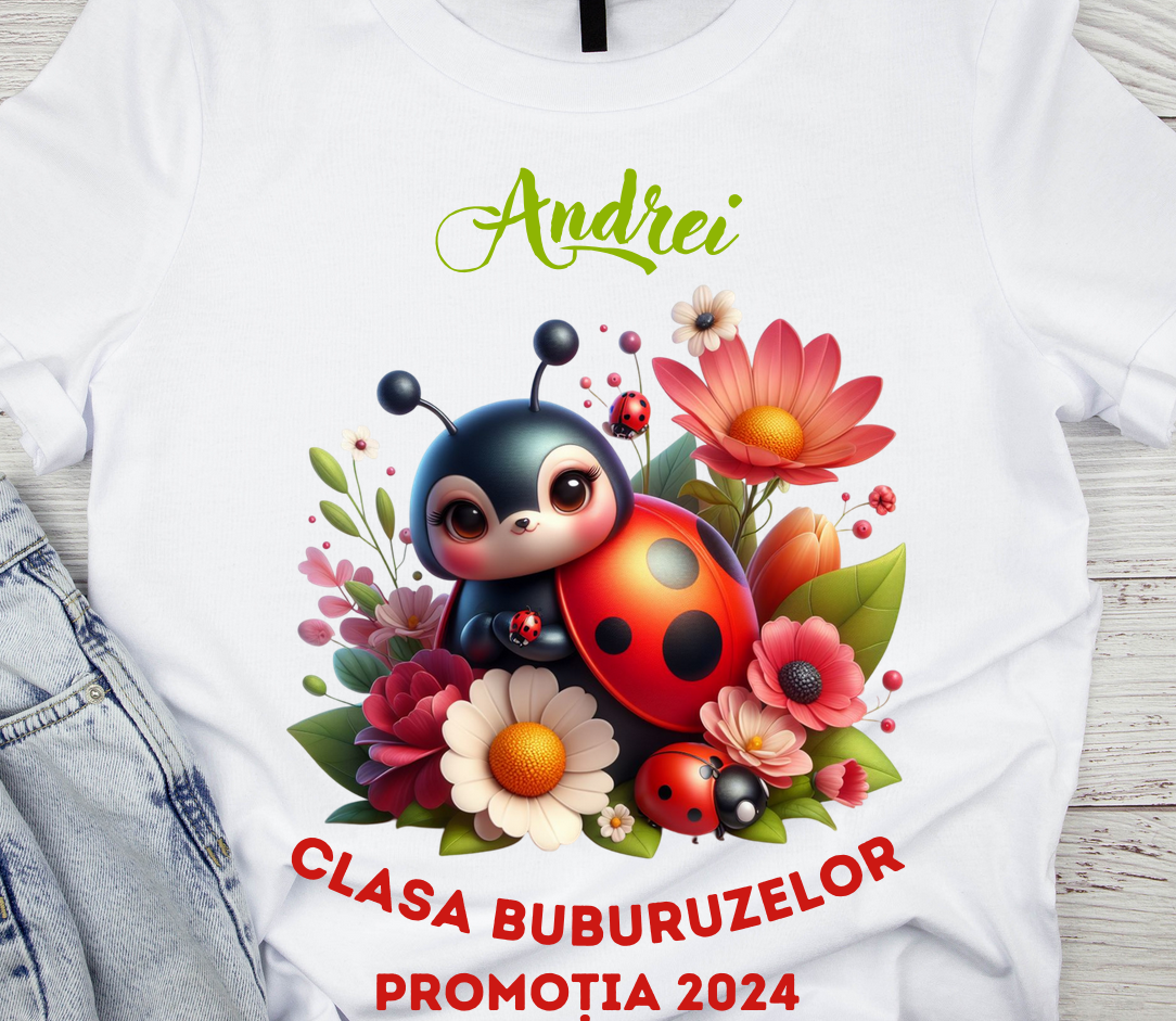 Tricou absolvire elevi clasa 4 sau gradinita Clasa buburuzelor cu text sau poze ABS1068