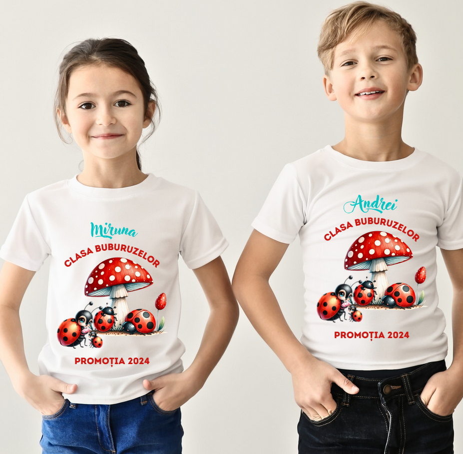Tricou absolvire elevi clasa 4 sau gradinita Clasa buburuzelor cu text sau poze ABS1069