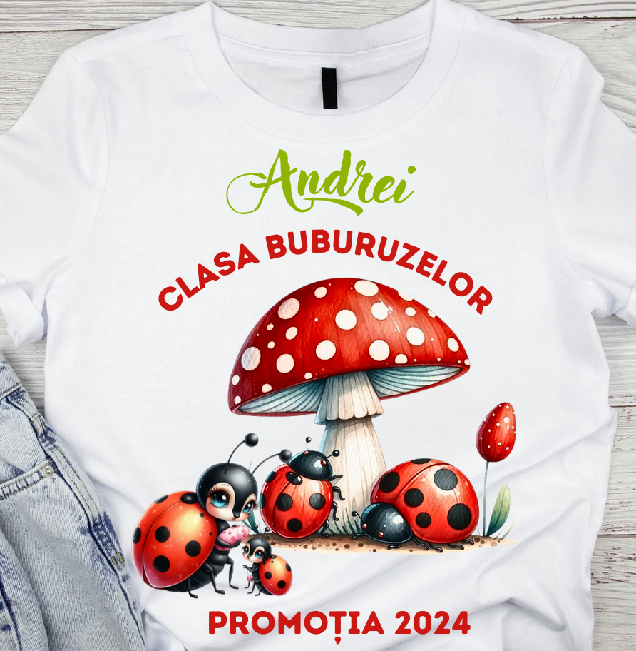 Tricou absolvire elevi clasa 4 sau gradinita Clasa buburuzelor cu text sau poze ABS1069