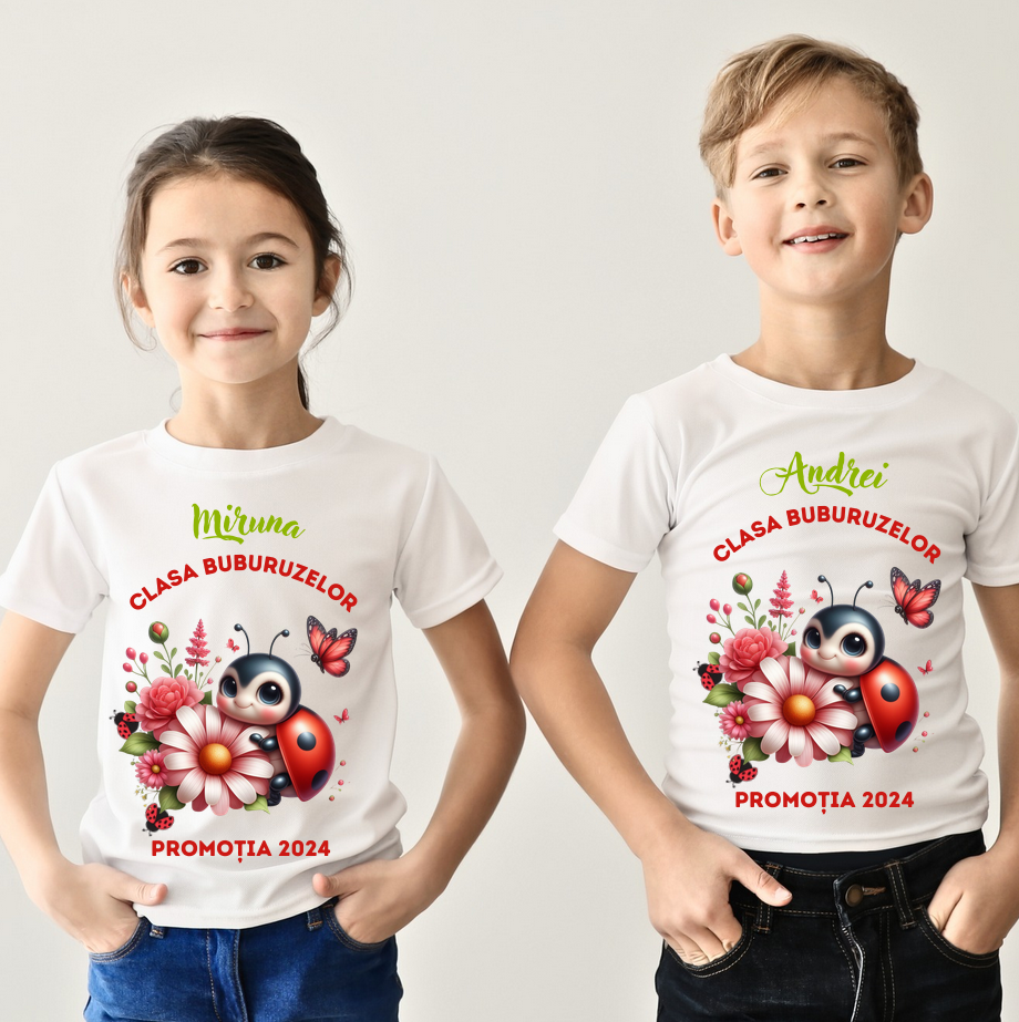 Tricou absolvire elevi clasa 4 sau gradinita Clasa buburuzelor cu text sau poze ABS1070