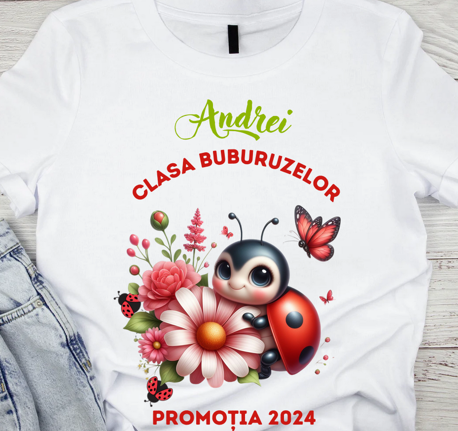 Tricou absolvire elevi clasa 4 sau gradinita Clasa buburuzelor cu text sau poze ABS1070