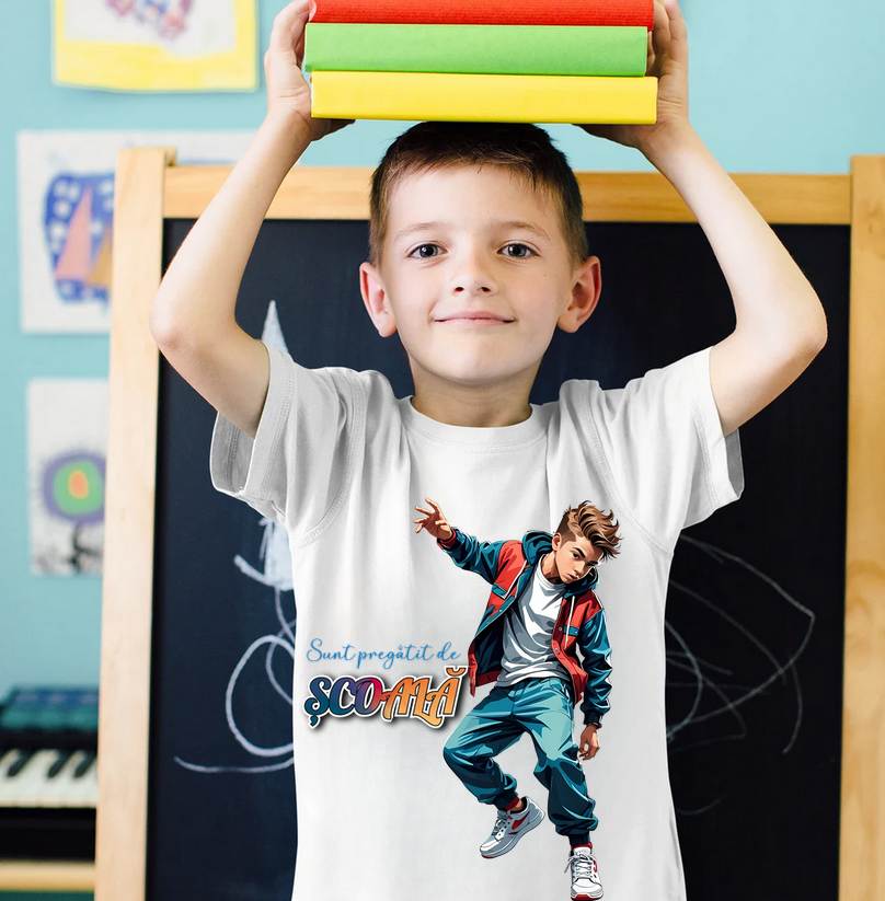 Tricou alb Back to school prima zi de scoala din bumbac ABS1132.01