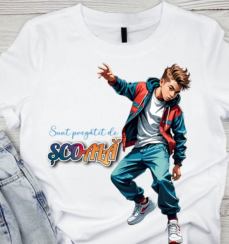 Tricou alb Back to school prima zi de scoala din bumbac ABS1132.01