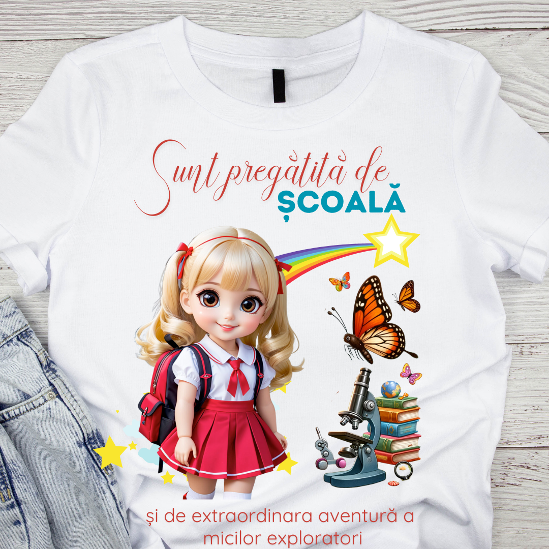 Tricou alb Back to school prima zi de gradinita  din bumbac ABS1131.3