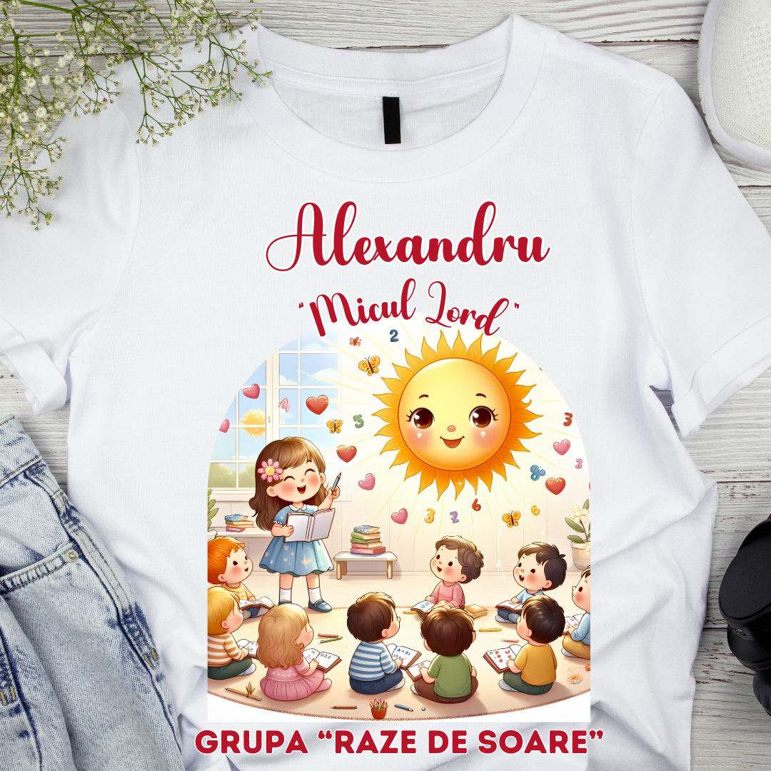 Tricou alb GRUPA Raze de soare prima zi de gradinita  din bumbac ABS1134