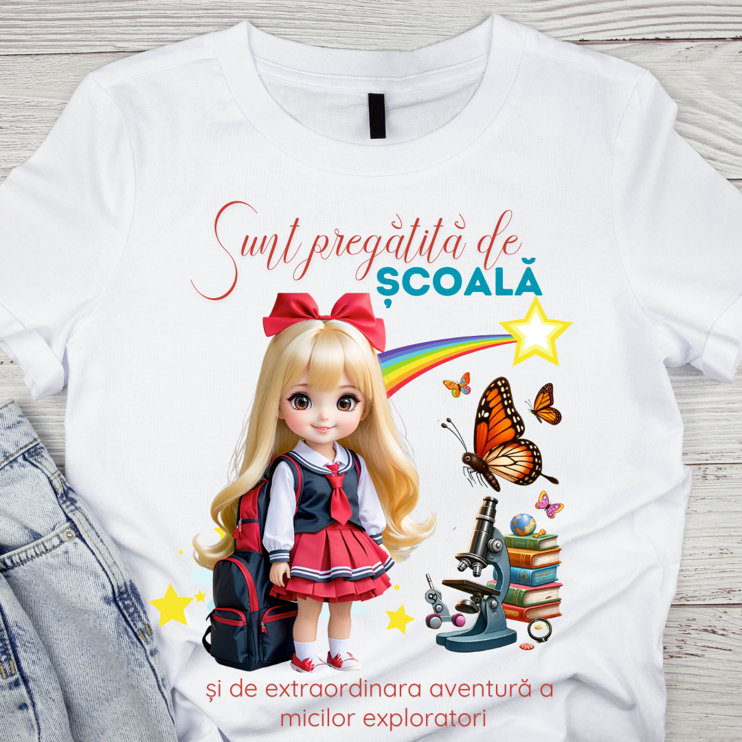 Tricou alb Back to school prima zi de gradinita  din bumbac ABS1131.6