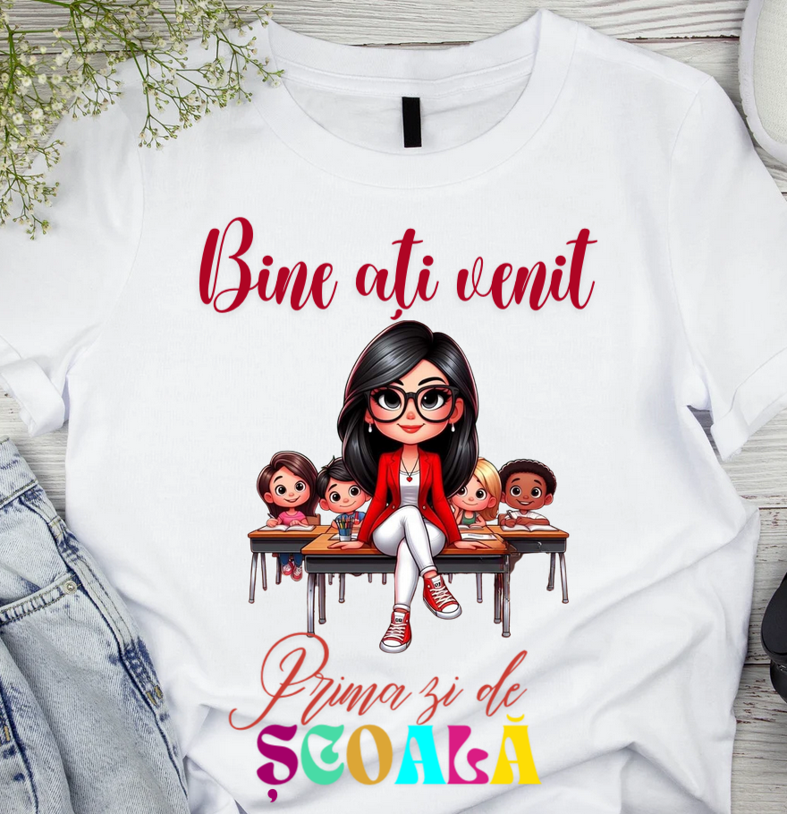 Tricou alb  Back to school prima zi de gradinita scoala din bumbac ABS11215