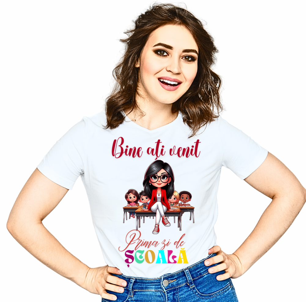 Tricou alb  Back to school prima zi de gradinita scoala din bumbac ABS11215