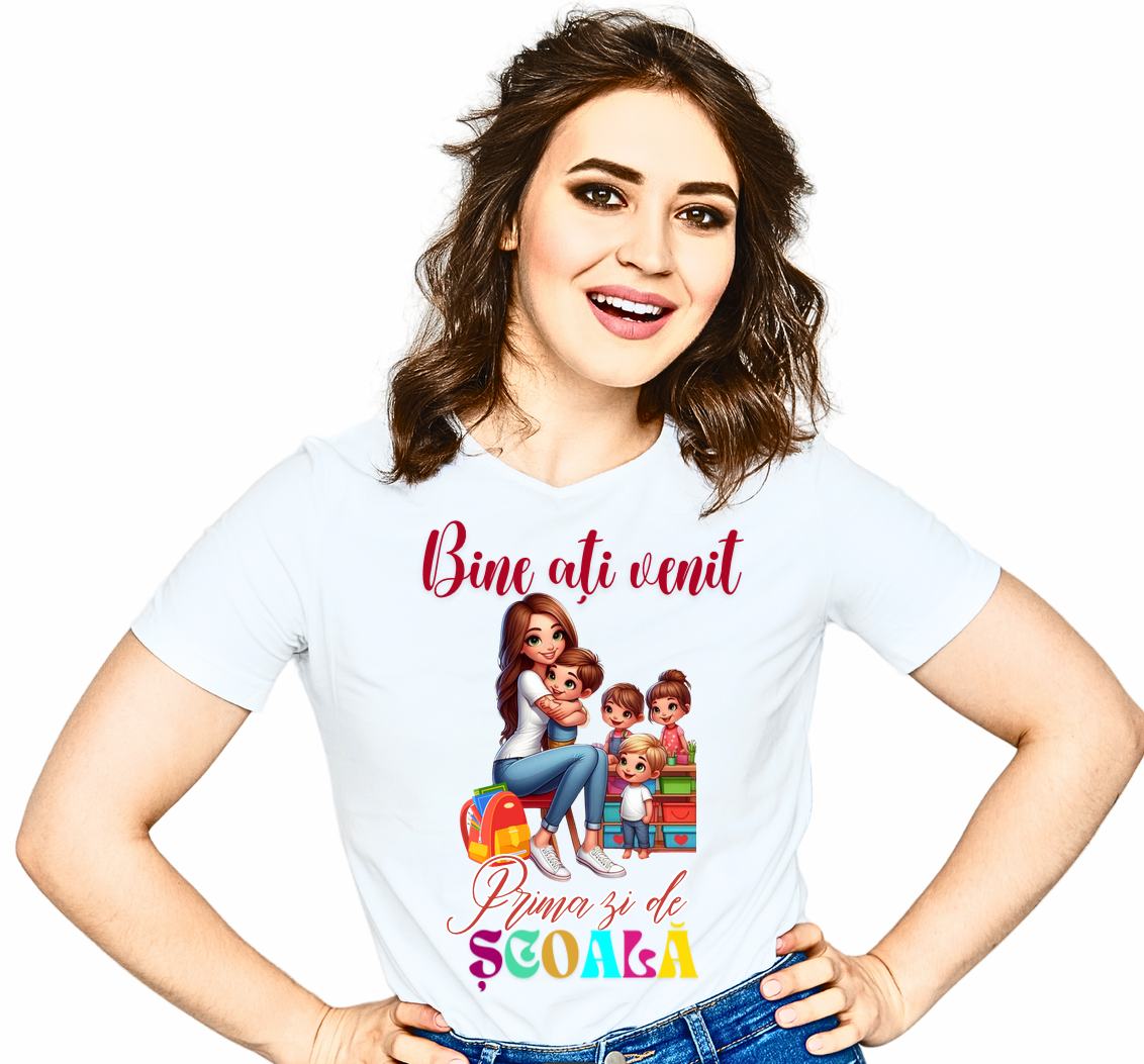 Tricou alb  Back to school prima zi de gradinita scoala din bumbac ABS11216