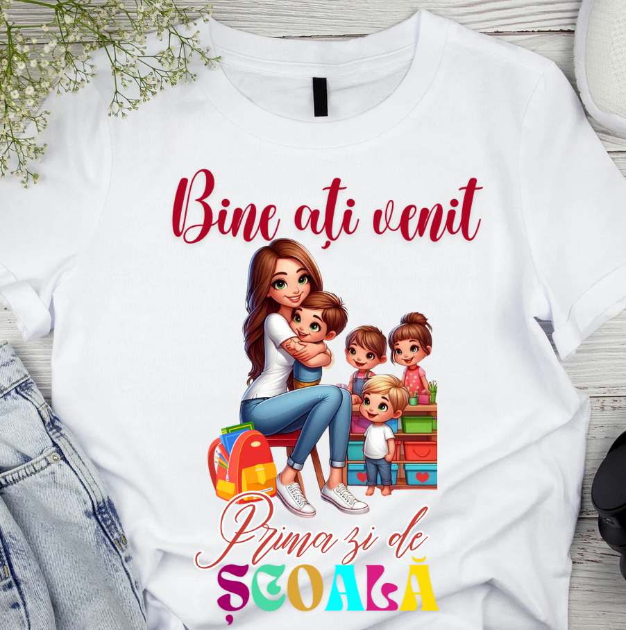 Tricou alb  Back to school prima zi de gradinita scoala din bumbac ABS11216